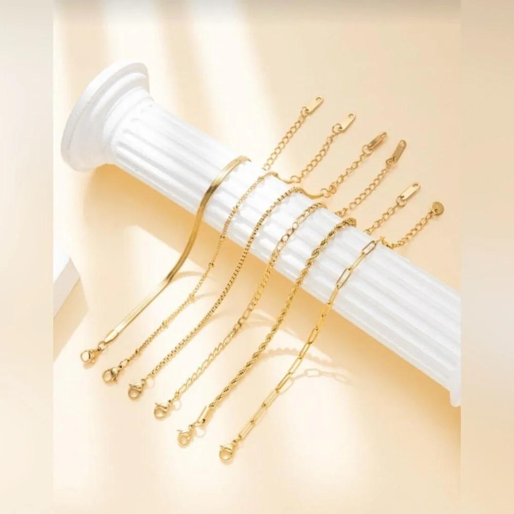 Gold Plated Stainless Steel 6PC Chain Bracelet Stack 8.5” Layered Set